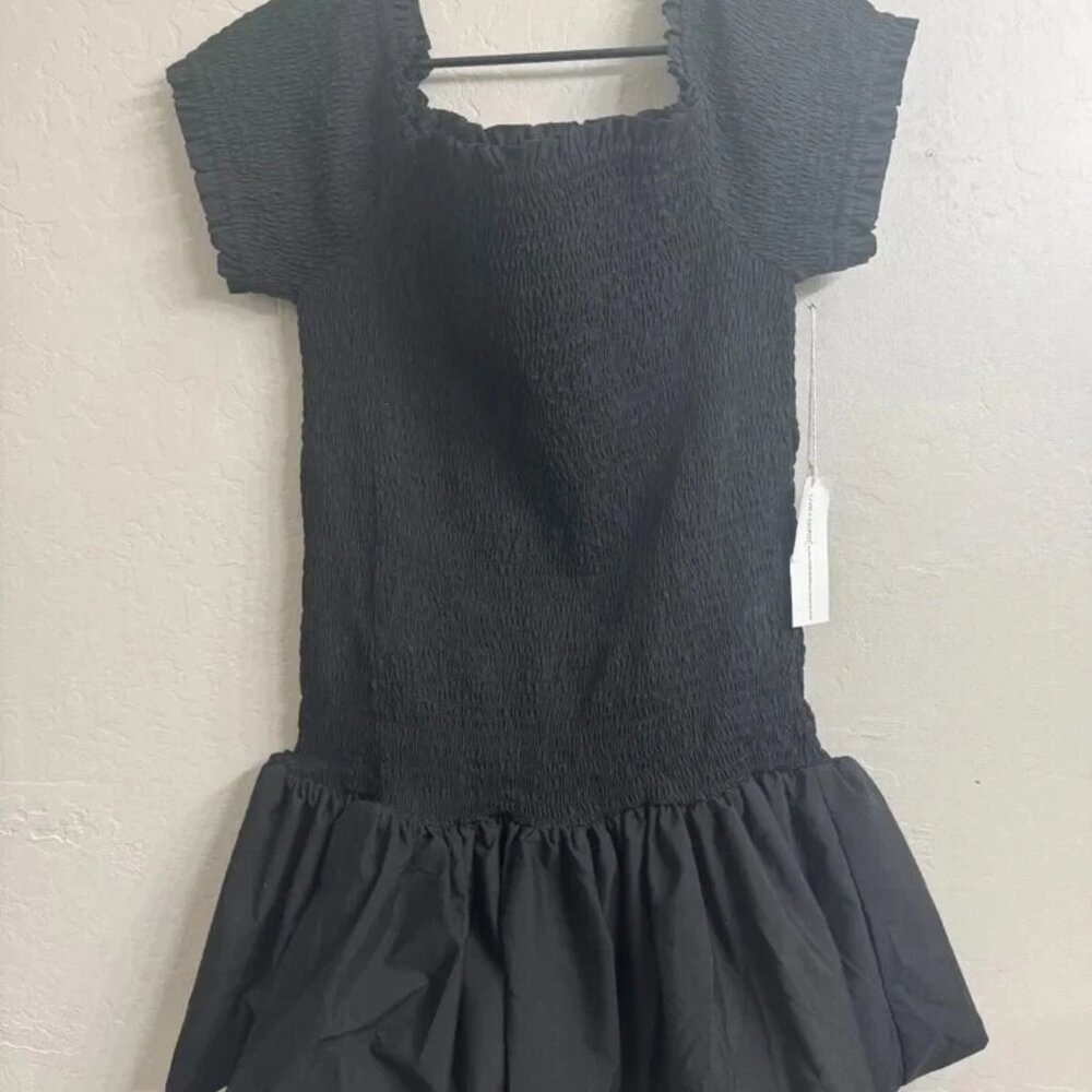 Black Smocked Puff Sleeve Mini Dress L NWT Ruffle Hem Cottagecore Trendy
